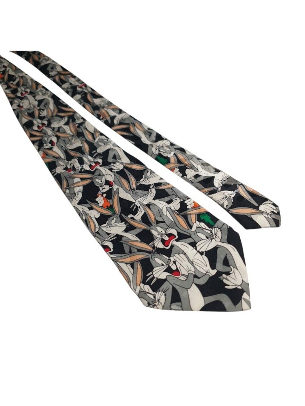 Looney Tunes Mania Bugs Bunny Silk Tie Handmade Black White Gray Carrot Mens